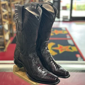 Black Cherry Ostrich Leg Western Boots Narrow Square Toe
