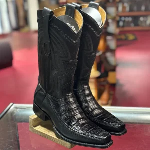 Black Caiman Cowboy Boots Narrow Square Toe