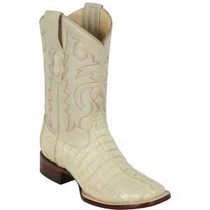 Winter White Caiman Tail Square Toe Boots