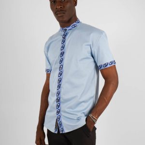 Chemise Mao bleue manches courtes Rabat