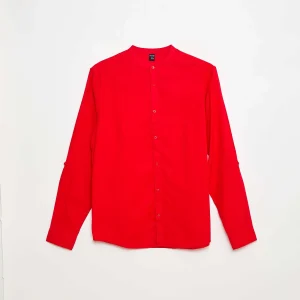 Chemise unie en coton et lin ROUGE