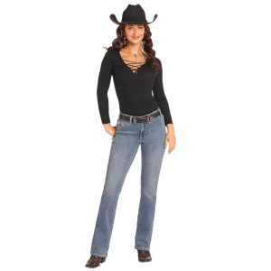 Horseshoe Embroidered Mid Rise Boot Cut Jeans